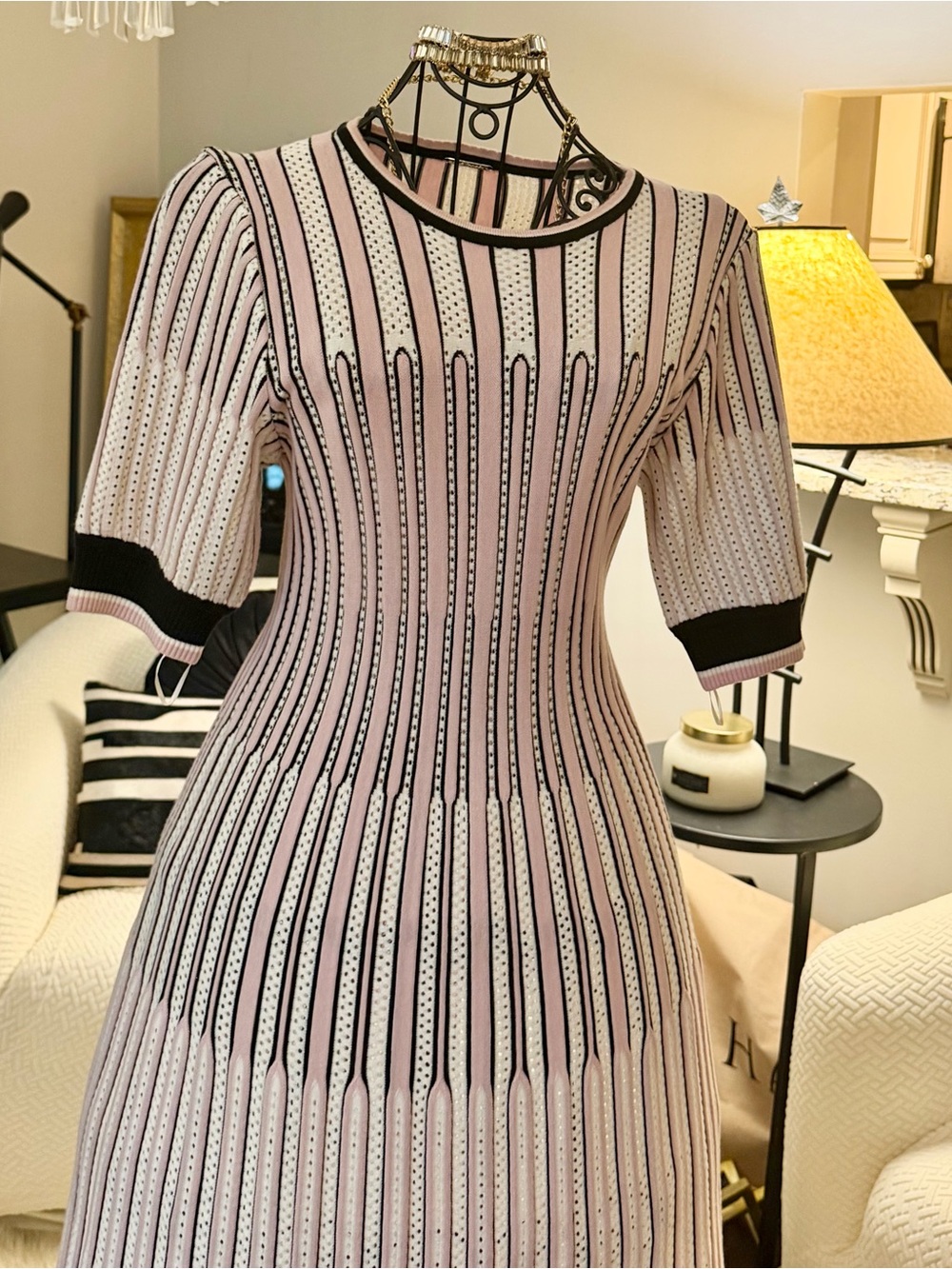 Elie Tahari Pink and Black Striped Knit Midi Dress